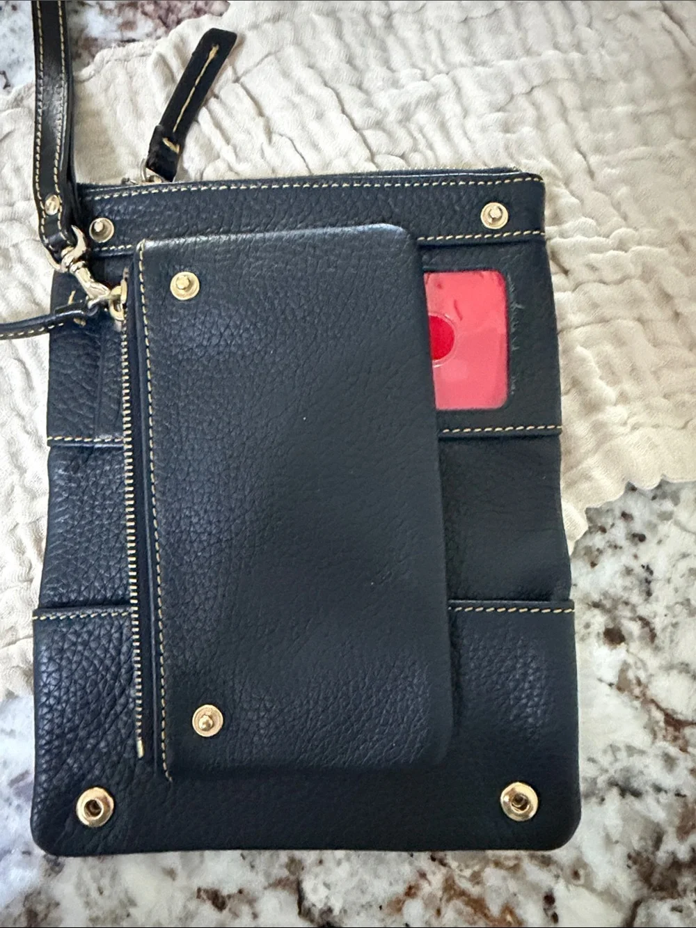Dooney & Bourke Black Pebbled Leather Zip Wristlet with Gold Accent